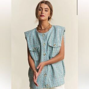 J.NNA Frayed Tweed Padded Shoulder Vest PINK small NWT